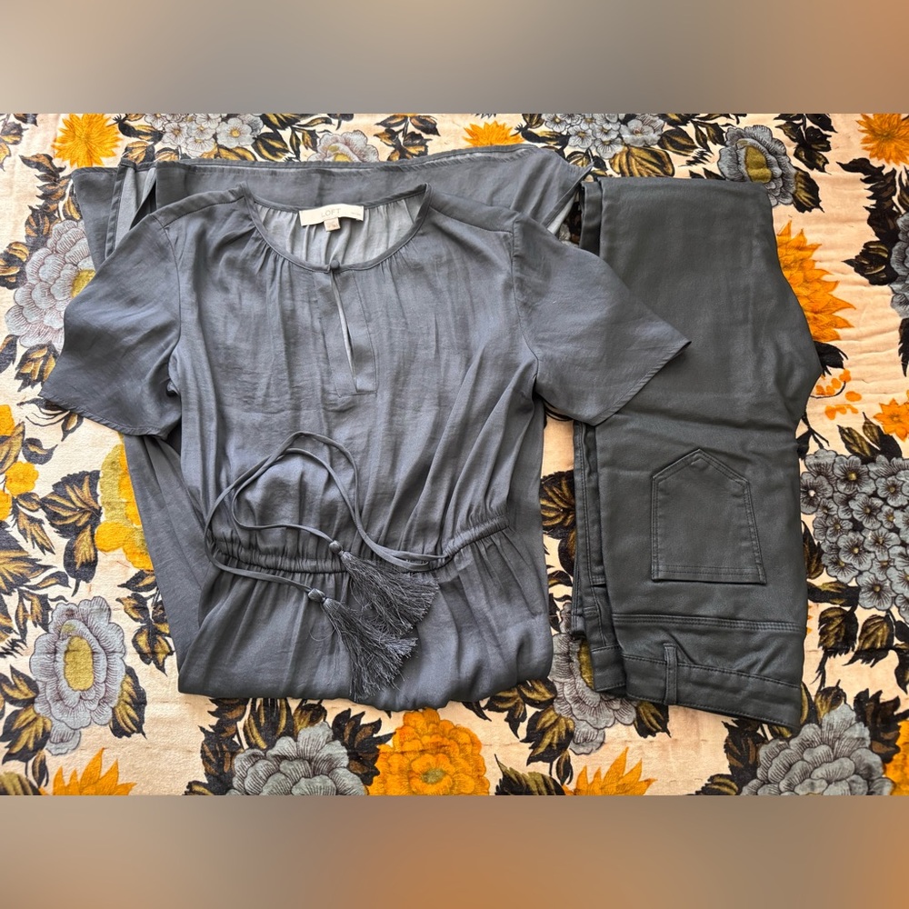 NWOT LOFT Silky Dress (S Petite) & Skinny Coated Jeans M (runs as XS/25)